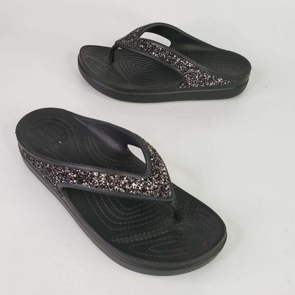 Crocs Women's Sloane Glitter Flip Flop Platform Wedge Sandals Black Size 7
